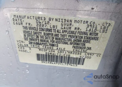 2012 Nissan Sentra 2.0 Sr z USA, uszkodzony, nr VIN 3N1AB6AP2CL759613